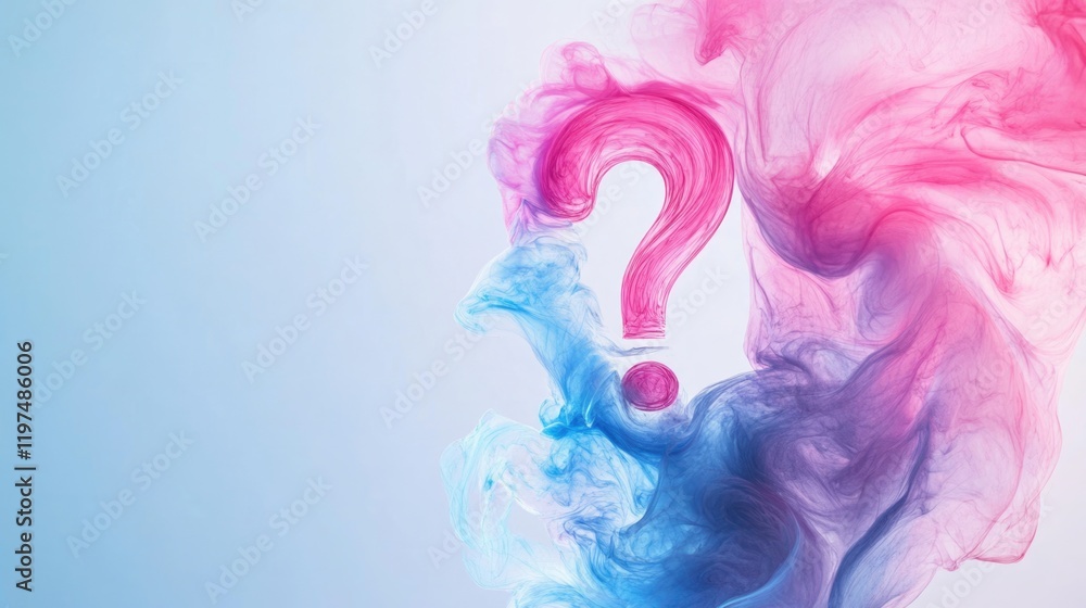 Poster colorful smoke swirl with question mark symbol in the center on a light blue background with copy sp