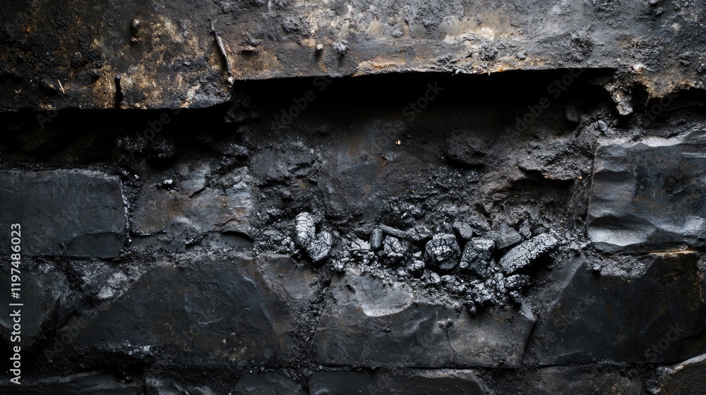 Poster dark textured surface of burned wood and coal remnants with rough edges and variations in black tone