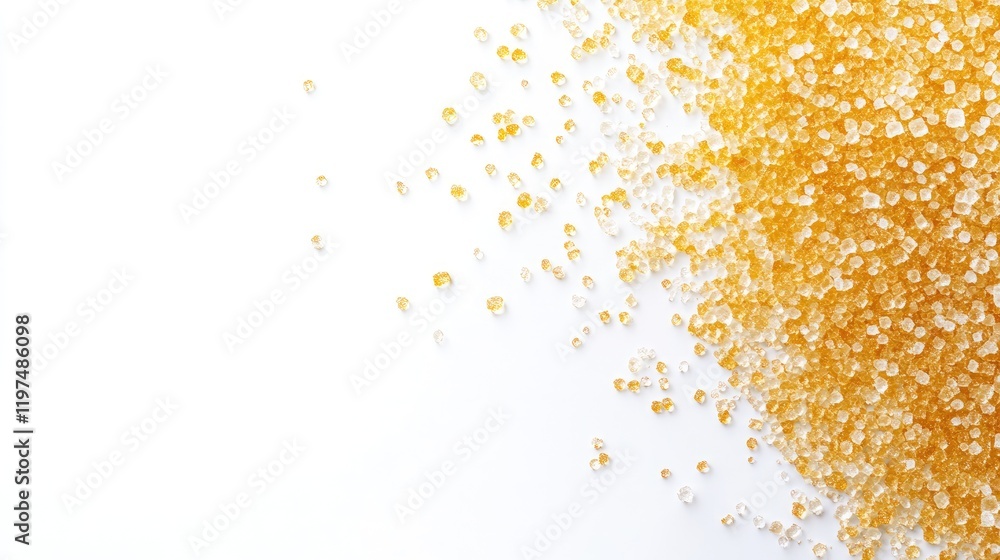 Poster golden sugar granules on a white background with ample copy space for design elements and text place