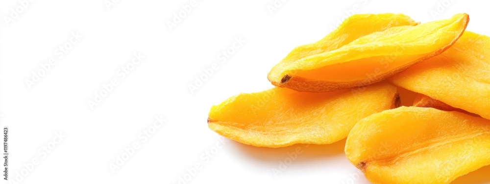 Poster fresh ripe mango slices on white background with copy space for text.