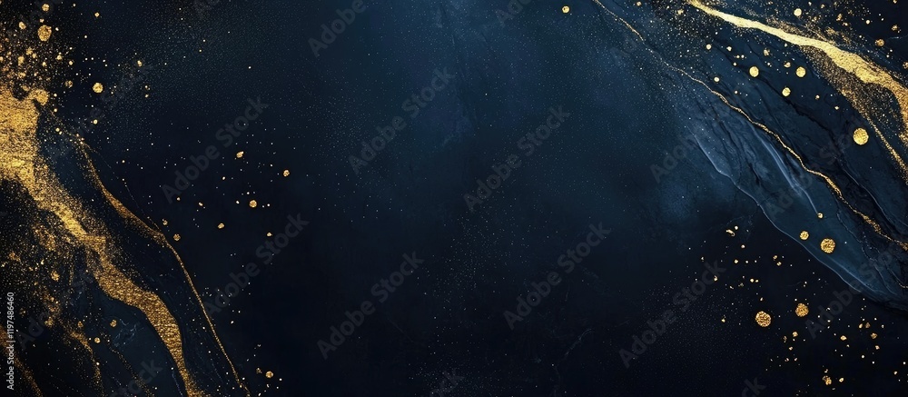 Poster dark blue abstract background with gold splashes and textures featuring ample copy space for text pl