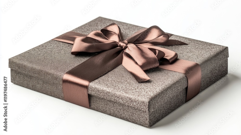 Poster elegant gray gift box with a bronze satin ribbon and bow isolated on a white background with ample c