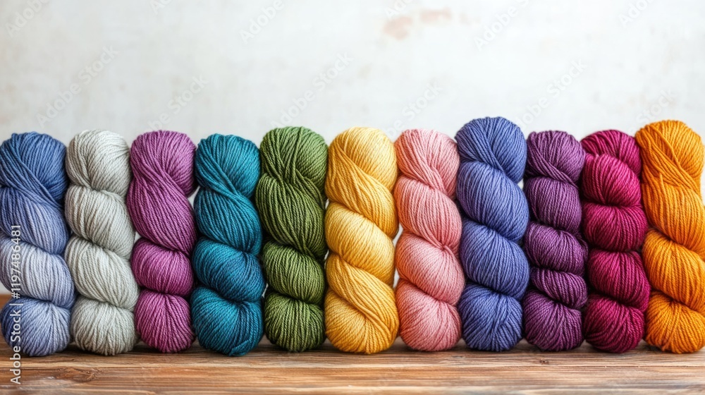 Poster colorful skeins of yarn arranged neatly in a row against a textured background with wood table copy 