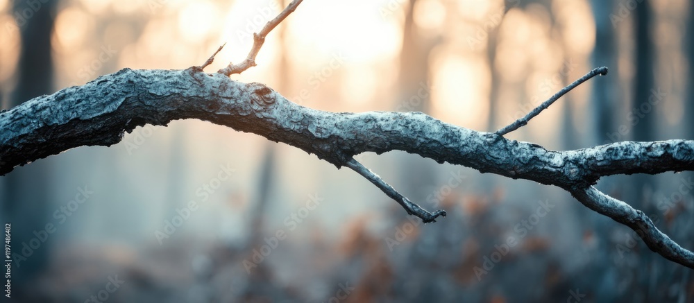 Poster frosty branch in a misty forest during sunrise with soft light and copy space for text placement