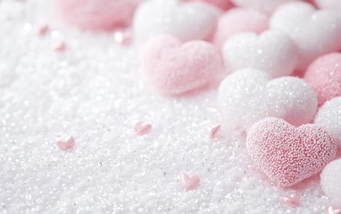Fototapeta premium A delightful array of pink and white hearts gracefully scattered across a pristine white surface, evoking love and joy this Valentine's Day.