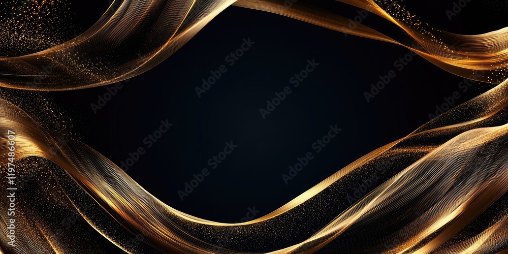 Poster elegant flowing golden ribbons on a dark background with copy space for text placement