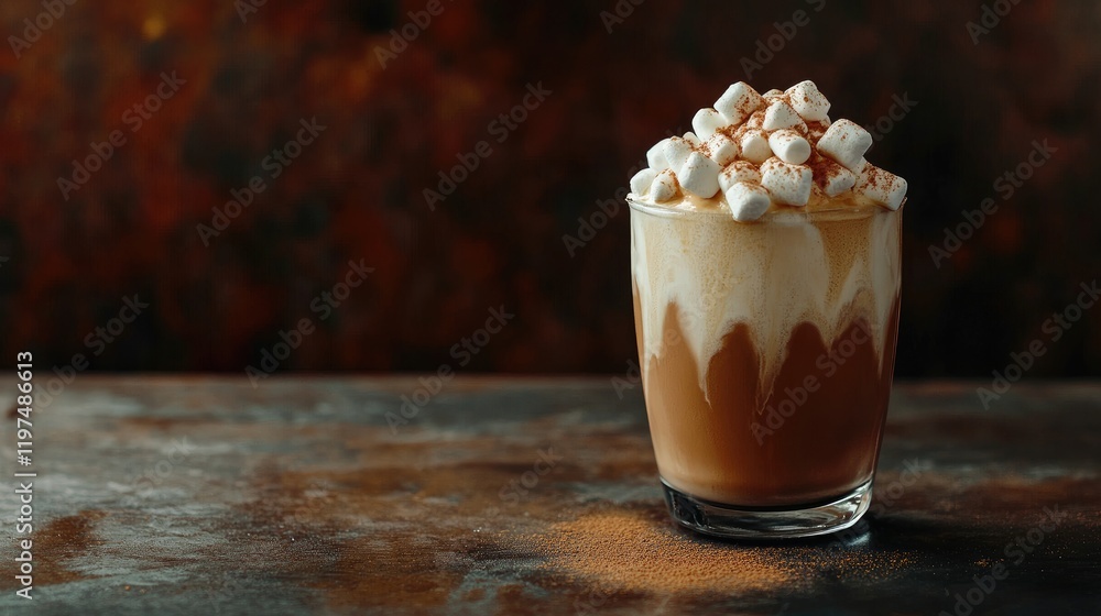 Poster delicious hot chocolate topped with mini marshmallows in a glass cup on a rustic background with cop