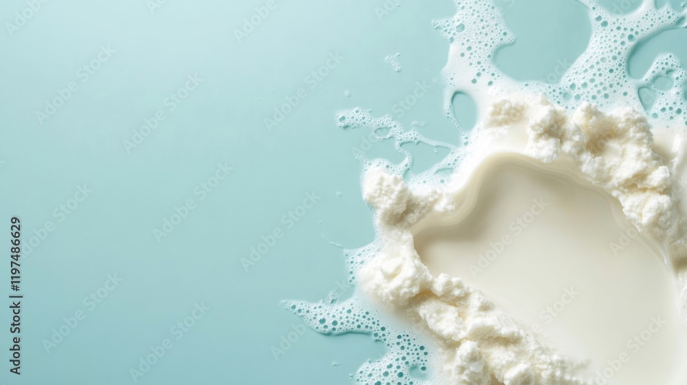 Poster splash of milk with cream against a blue background with ample copy space for text or graphics
