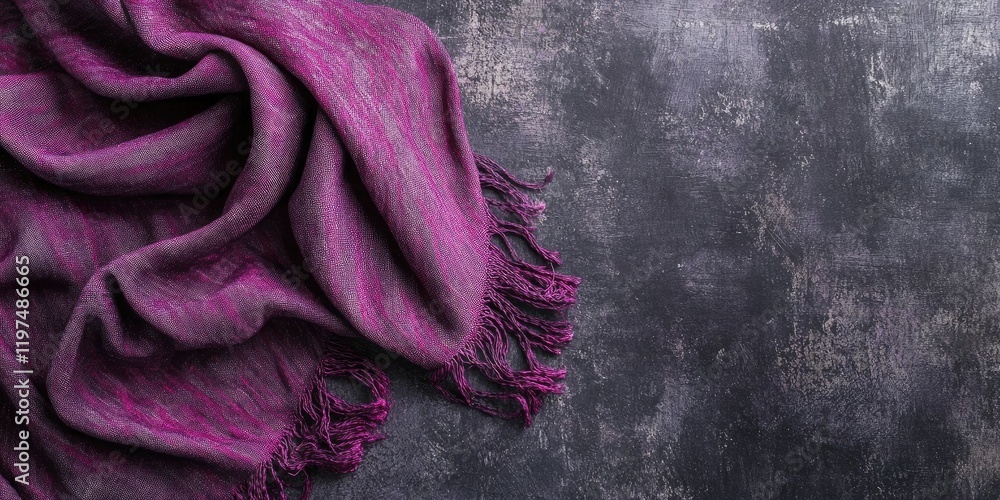 Poster purple textile scarf on a textured dark background with copy space for design and branding applicati