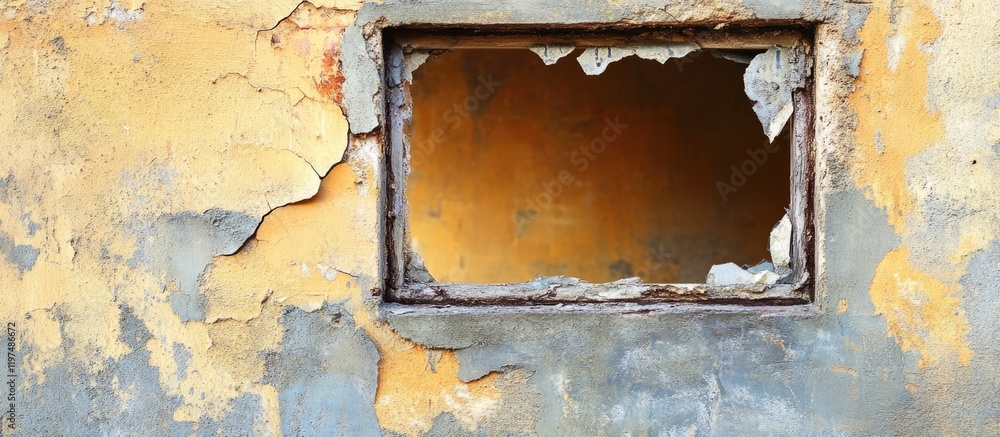 Poster weathered wall with a broken window frame showing peeling paint and textures ideal for backgrounds a