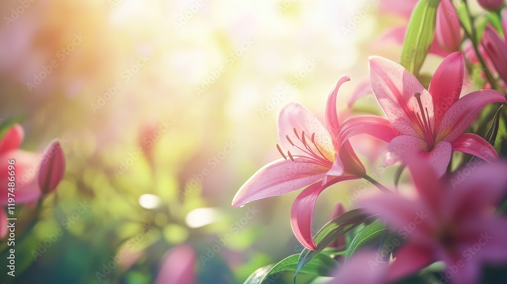 Poster delicate pink lilies in a soft focus garden with sunlight creating a warm and inviting atmosphere co