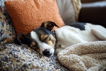 Obraz premium Close-up photo of an old tricolor dog sleeping on the couch with orange pillows and a blanket, living room background.