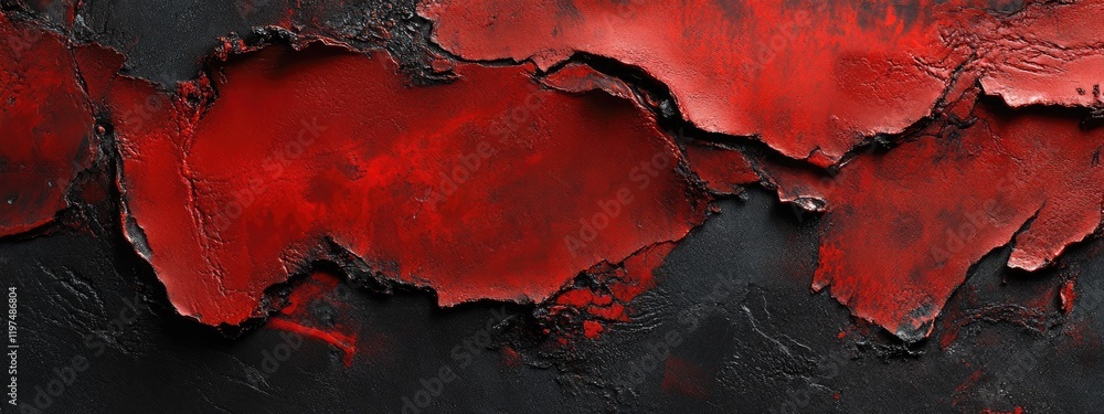 Poster abstract texture of dark and red cracked paint on a surface with areas of copy space for text placem