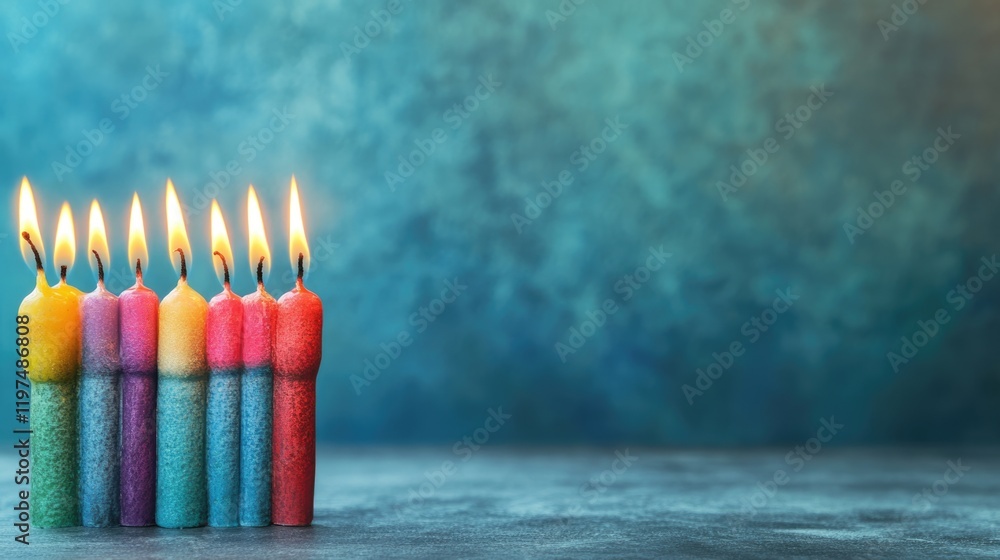 Poster colorful lit candles arranged in a row with a soft blue background and ample copy space for text pla