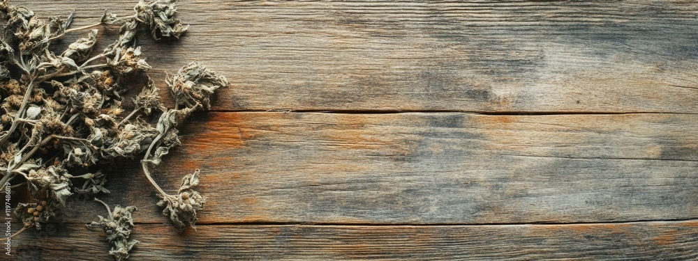 Poster dried herbs on rustic wooden surface with copy space for text insertion