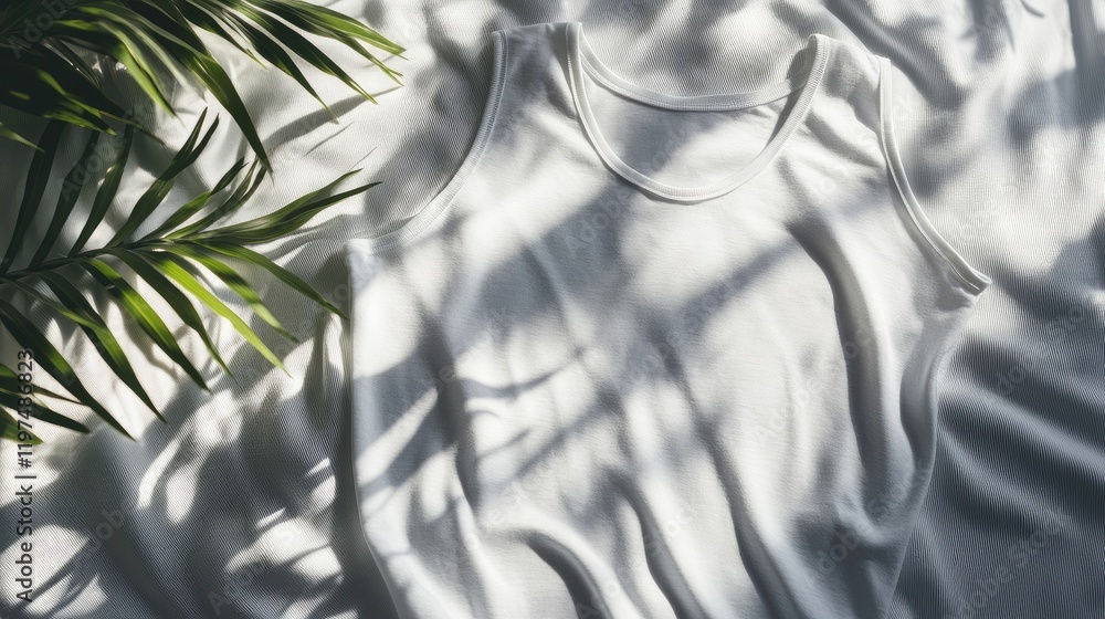 Poster white tank top on textured fabric with green palm leaves creating shadows and copy space for design 