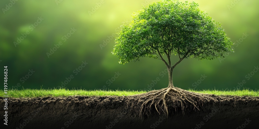 Aufkleber green tree with strong roots in soil against blurred green background with copy space for text.
