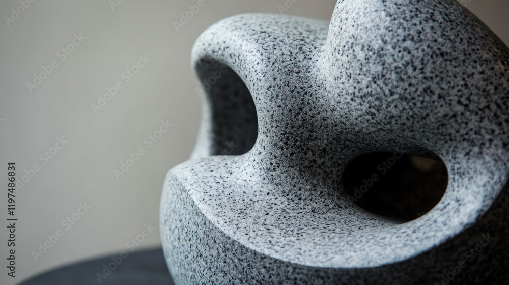 Poster abstract gray stone sculpture with smooth curves and hollow openings on a dark surface, featuring a 