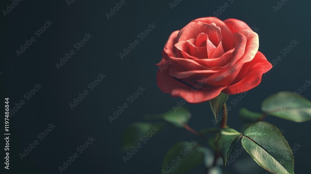 Poster close-up of a red rose on a dark background with green leaves and copy space for text placement