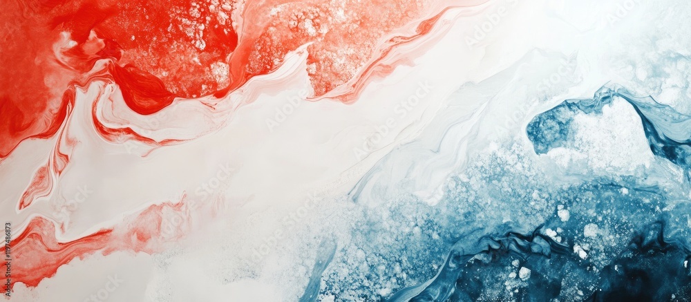 Poster abstract fluid art with red, white, and blue color swirls on canvas providing ample copy space for t