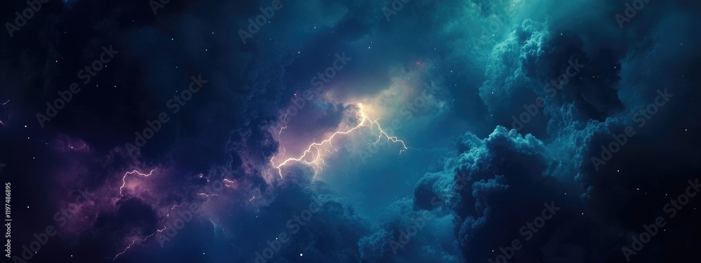 Poster vivid cosmic landscape featuring swirling clouds and lightning in a deep space environment with rich