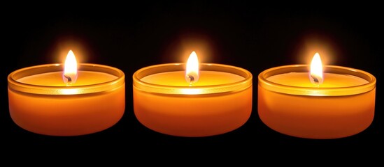Three lit candles in clear glass holders against a black background with Copy Space for text placement.