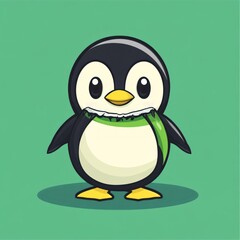 Obraz premium Cartoon penguin with green tie stands on a green background, for children's books, decorations