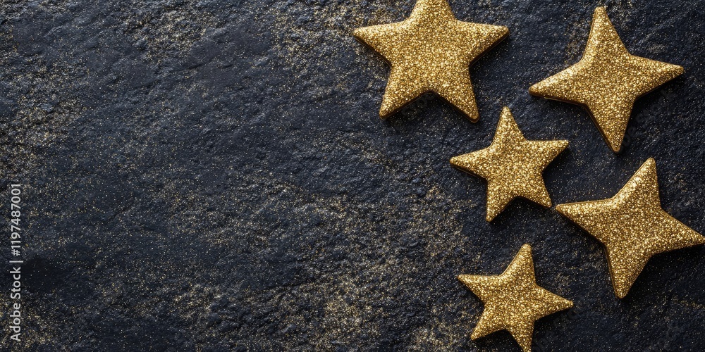 Poster golden glitter stars on a dark textured background with ample copy space for text placement.