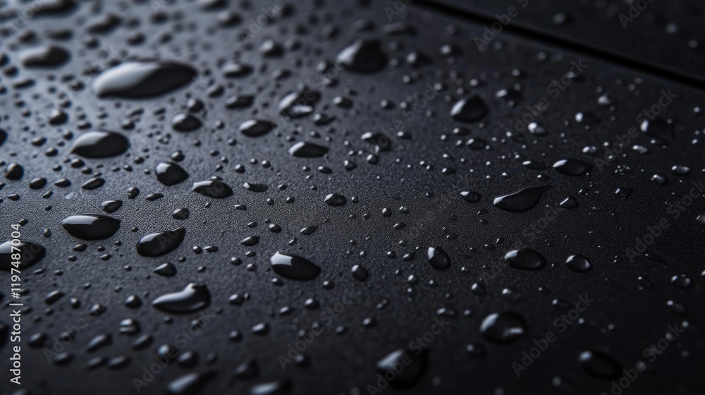 Poster close-up of water droplets on a dark surface showcasing texture and reflections with copy space for 