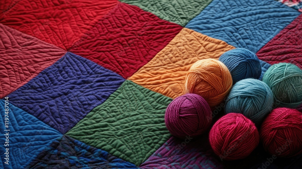 Poster colorful textured quilt with neatly arranged yarn balls on the side and ample copy space for text pl