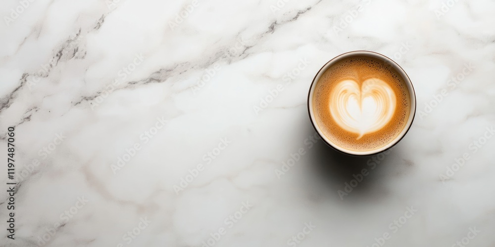 Poster coffee cup with heart latte art on marble surface with copy space for text or design elements.