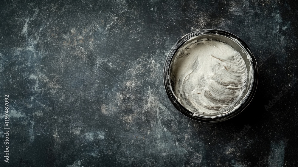 Poster container with creamy substance on dark textured background with copy space for product labeling or 