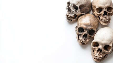Group of human skulls arranged on a white background with copy space for text or graphics