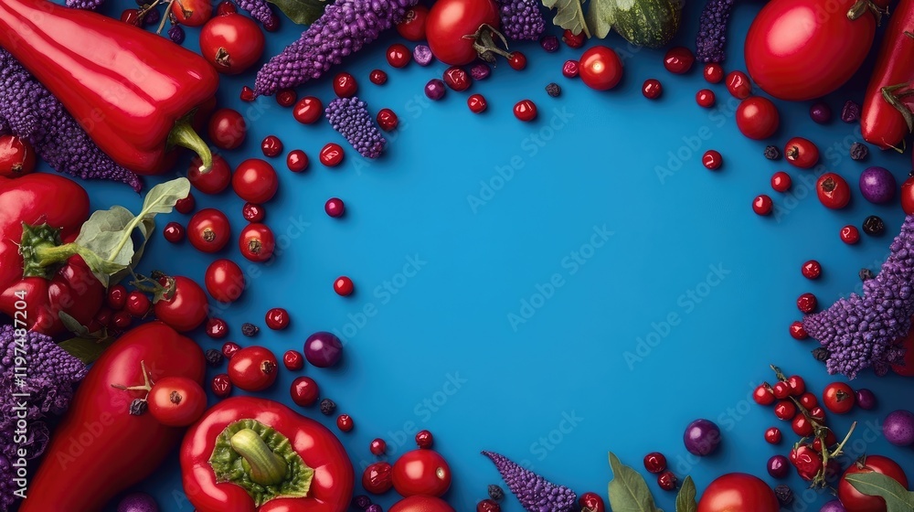 Poster vibrant assortment of fresh vegetables and berries on a blue background with ample copy space for te