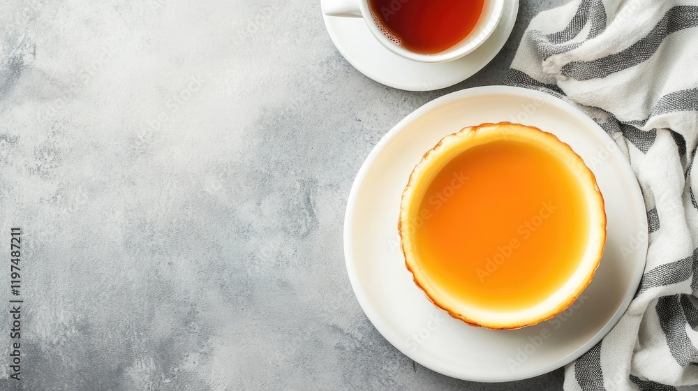 Poster delicious dessert on a plate with tea in a cup on a textured background with copy space for text or 