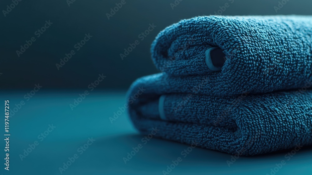 Poster blue rolled towels on a table with soft focus background and copy space for text placement.