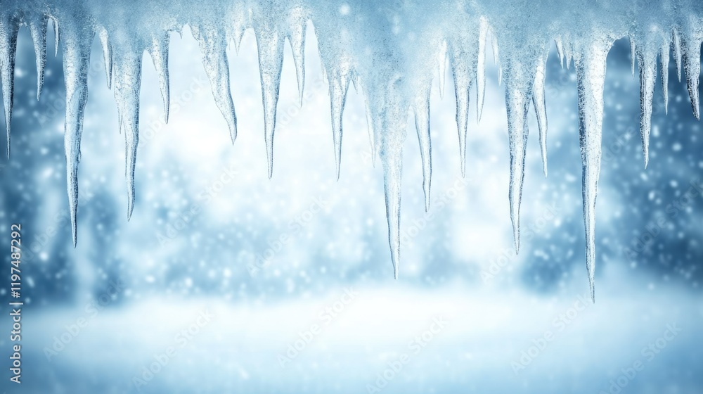 Poster winter scene featuring icicles with a soft snowy background and ample copy space for text placement.