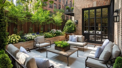 Fototapeta premium An outdoor patio decorated with comfortable furniture, cushions, and a small garden, perfect for entertaining.