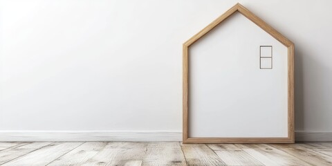 Wooden house frame mockup on wooden floor against white wall with copy space for text or design elements