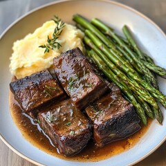 Short ribs braised in a delicious mix of red wine, beef broth, and fresh herbs, served alongside creamy garlic mashed potatoes and roasted asparagus.