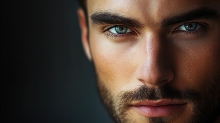 Obraz premium Close-up portrait of a handsome man with striking blue eyes and a well-groomed beard against a dark background with Copy Space.