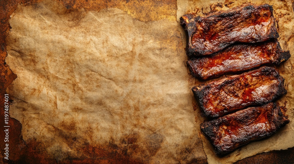 Poster grilled barbecue ribs served on parchment paper with rustic background and copy space for text place
