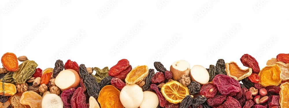 Poster assorted dried fruits and nuts arranged horizontally with copy space for text above