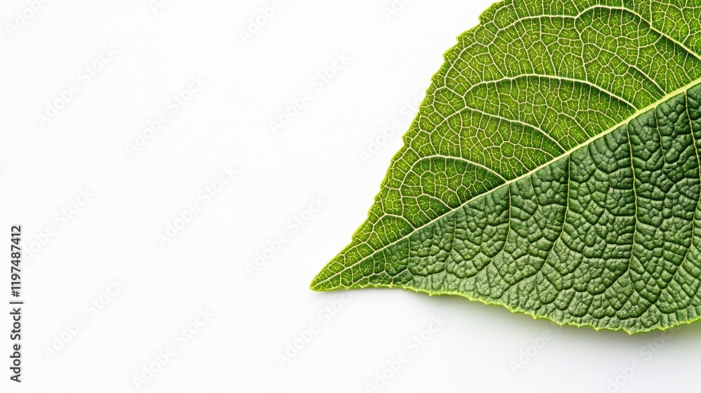 Poster green leaf with detailed vein structure on white background with ample copy space for text placement