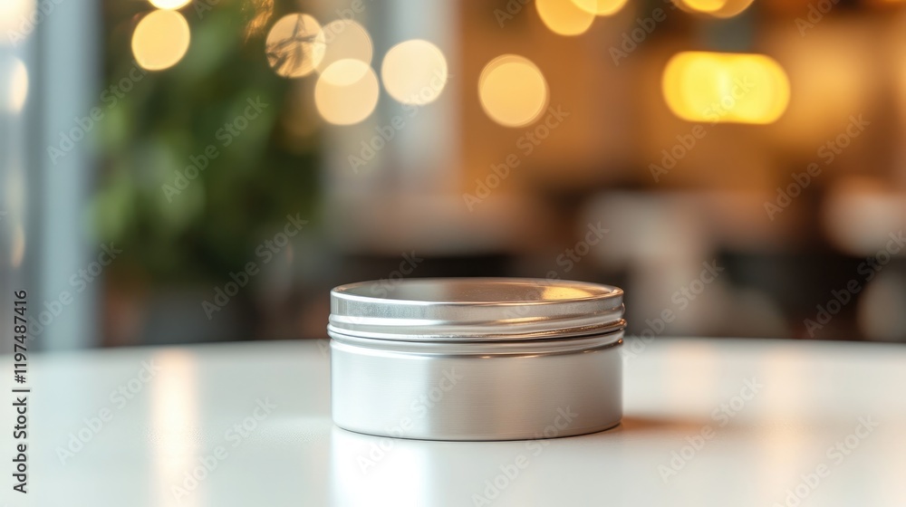 Poster metal tin can on a table with blurred lights in the background and ample copy space for text placeme