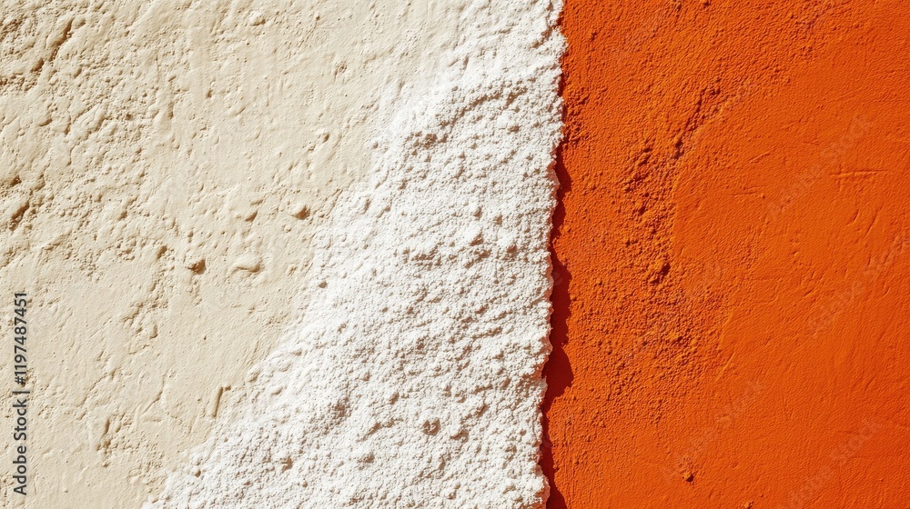 Poster textured wall close-up with white and orange paint separation showing rough surface and color contra