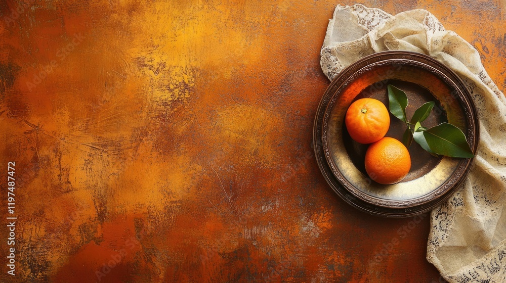 Poster platter with fresh oranges and green leaves on a textured orange background with copy space for text