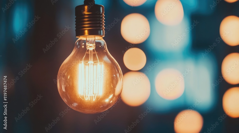 Poster vintage light bulb glowing against a soft bokeh background with copy space for text or branding use.