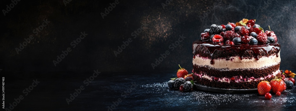 Poster chocolate layer cake decorated with fresh berries on a dark background with copy space for text