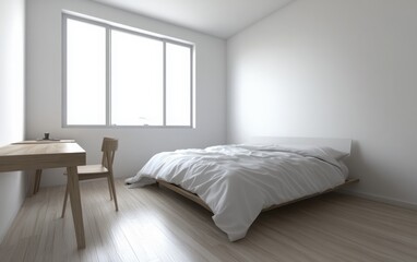 Fototapeta premium A clean, minimalist 3D rendering of a bedroom with a wooden desk, a white bed with no headboard, pale wood floors, and a single large window on a white wall 